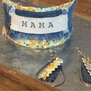 Upcycled MaMa Denim and Yellow Floral Adjustable Cuff Bracelet and Earrings Set